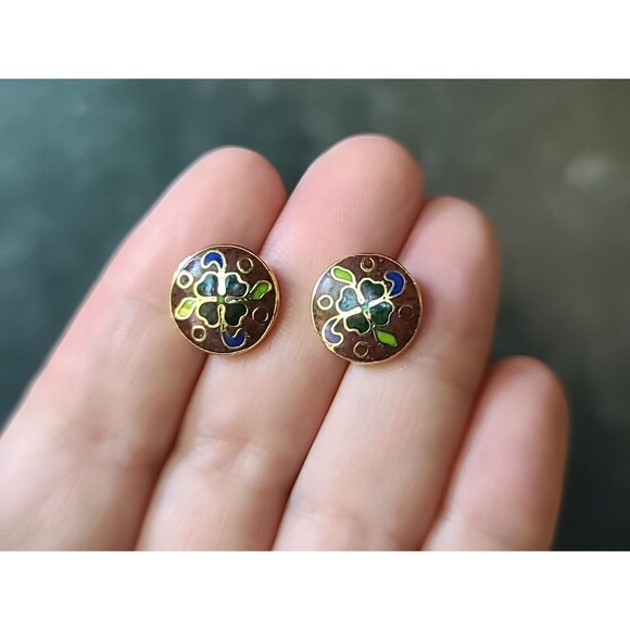 Cloisonne Enamel Floral Circular Stud Earrings Vintage, READ - Picture 1 of 10